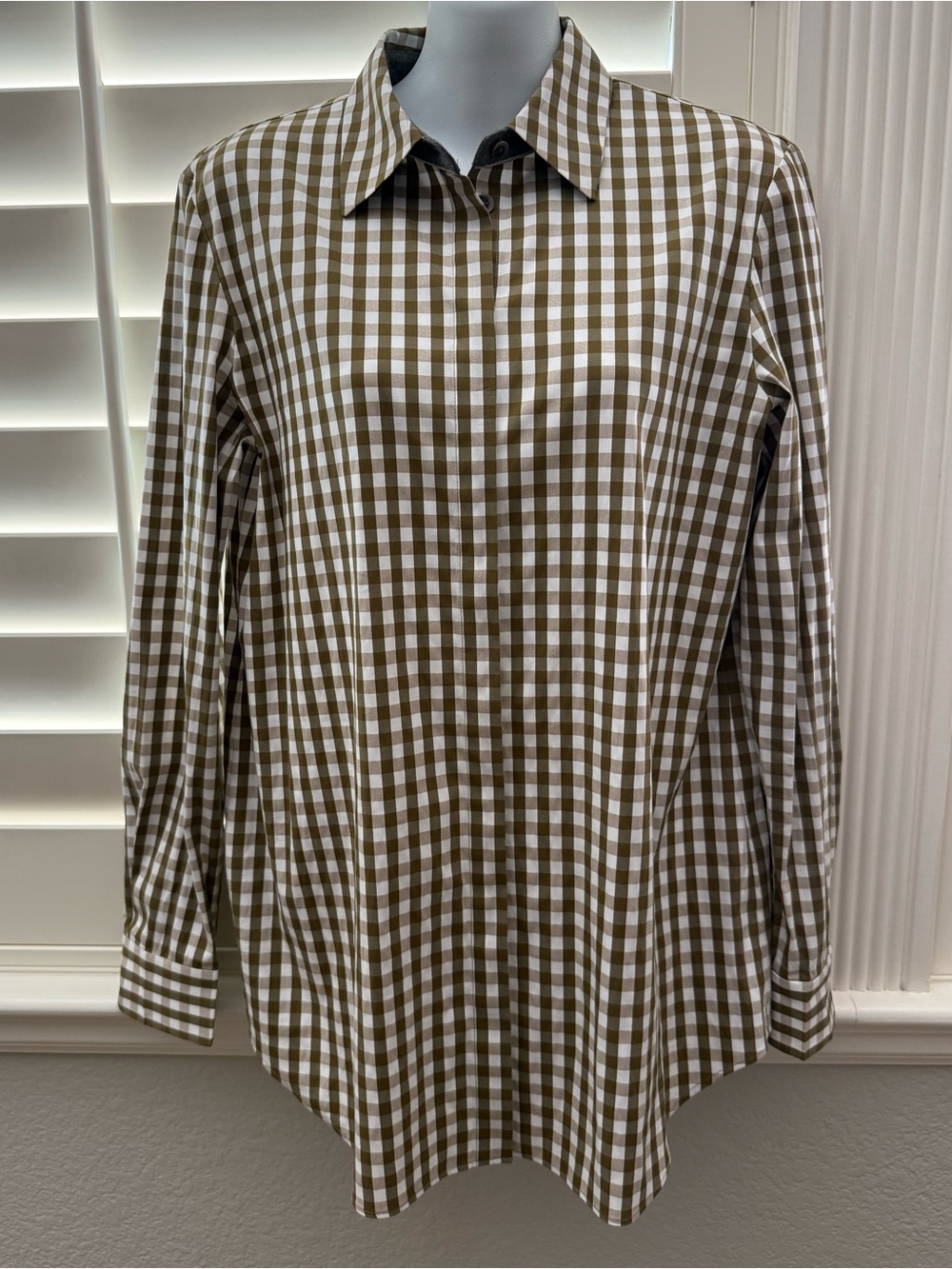 Lafayette 148 New York Gingham Plaid Hidden Button Up Blouse Top Olive Small